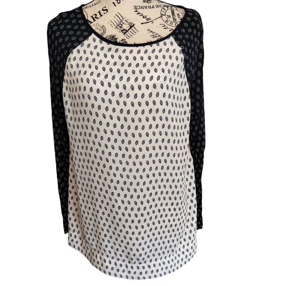 LOFT Womens Medium Navy Blue White‎ Casual Geometric Print Raglan Sleeve Blouse